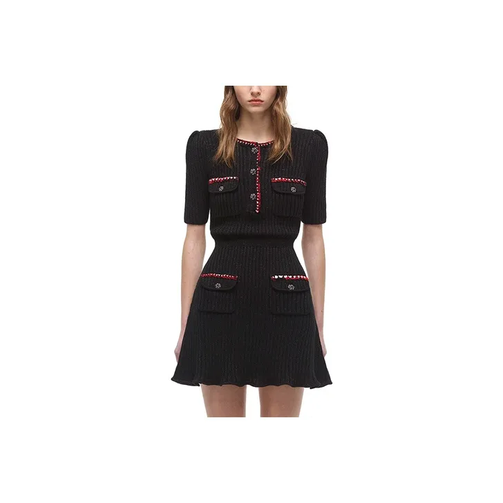 Self portrait Short Sleeved Dress Women's Classic Black-0