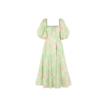 Selkie Collection SS24 Short Sleeved Dress Women's Green Base With Pink Lotus Print