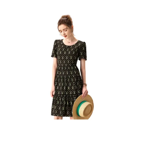 FENHONGMALI Short-Sleeved Dresses Women's Black Background With Green Flowers