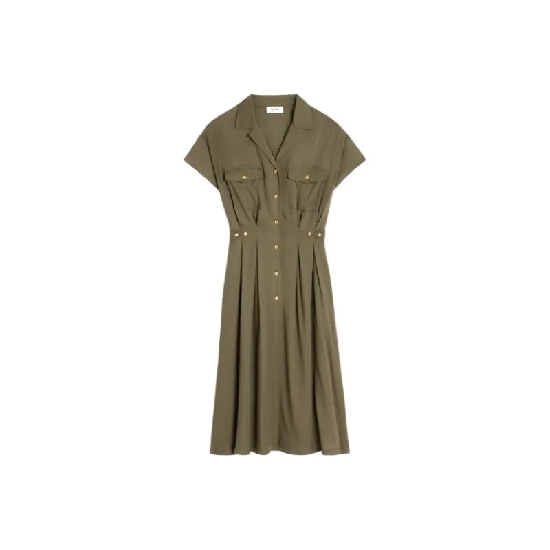 CELINE Short Sleeved Dresses Women's Brown Green-0
