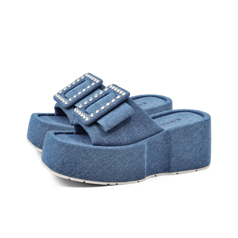 KMD Rubber Sole Metal Rhinestone Quiet Cushioning Slide Slippers Women's Blue-1