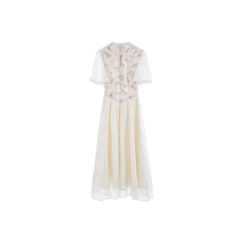 Blovelan Short Sleeved Dress Women's Apricot Purple Floral