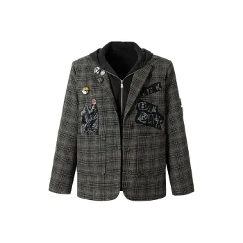 BE ALL KABUTO Puffer Jacket Unisex Black Gray Plaid Text