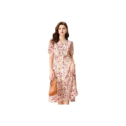 FENHONGMALI Short Sleeved Dress Women's Purple Flower