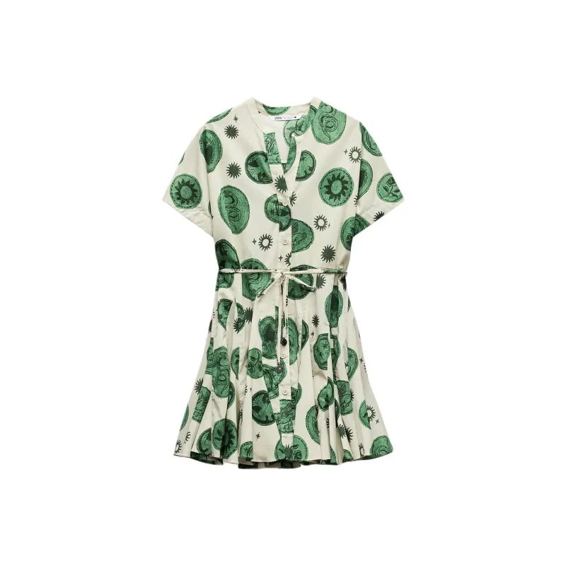 ZARA ZW Series Short Sleeved Dresses Women's Nude/Green-0