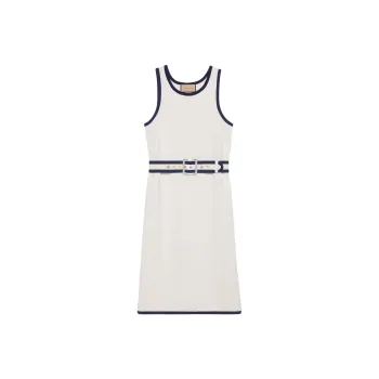GUCCI Sleeveless Belted Dress White/Navy