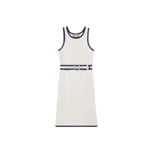 GUCCI Sleeveless Belted Dress White/Navy