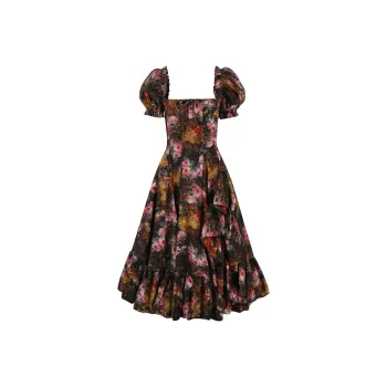 Selkie Collection x Bridgerton FW24 Short-Sleeved Dresses Women's GENEVIEVE Black Night Grape Painting Print