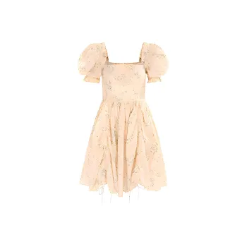 Selkie Collection SS24 Short Sleeved Dress Women's Dark Yellow With Country Green Leaf Print