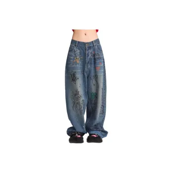 LALABOBO Jeans Unisex Medium Blue White