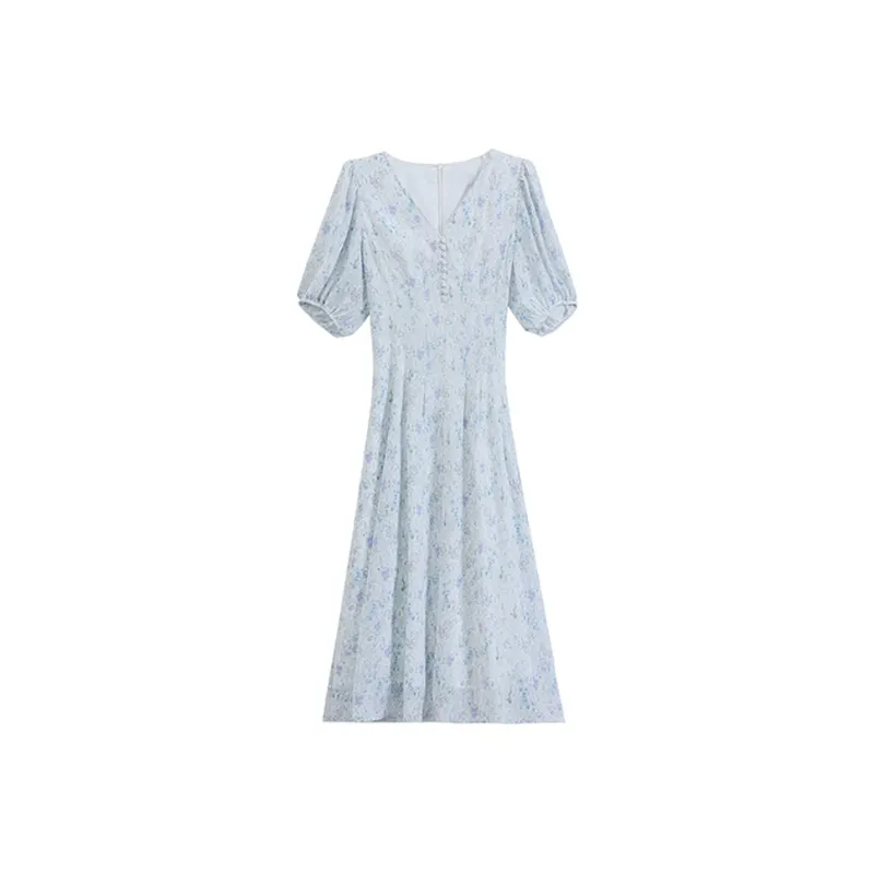 EIDOLON GRAIN Short Sleeved Dress Women's White With Purple Floral-0