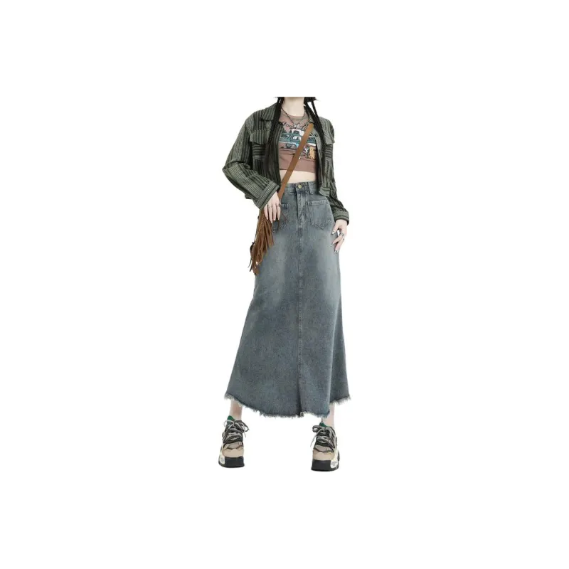 Rose Denim Long Skirts Women's Blue-0