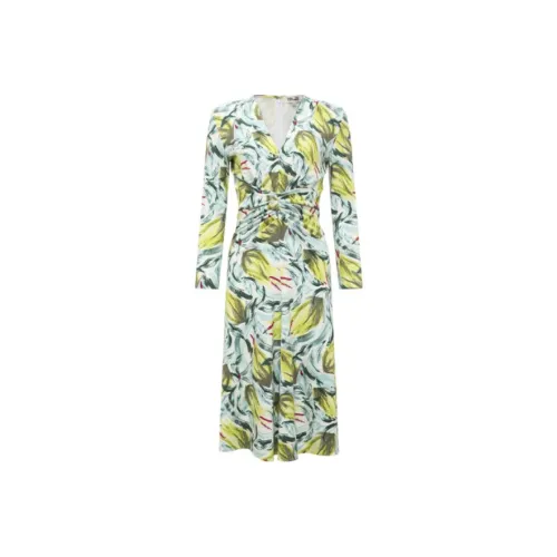DVF Diane Von Furstenberg SS24 Long-Sleeved Dresses Women's Fresh Green Pomegranate Dance Pattern