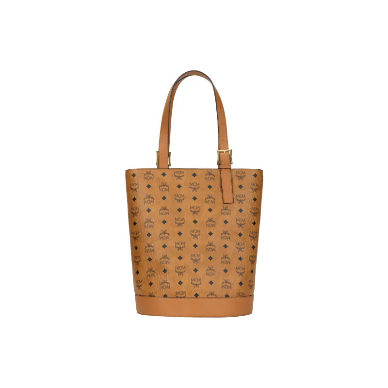 MCM Cow Leather Tote Crossbody Bag, Bucket Bag, Handbag, Shoulder Bag Medium Size Women's Cognac Brown-2