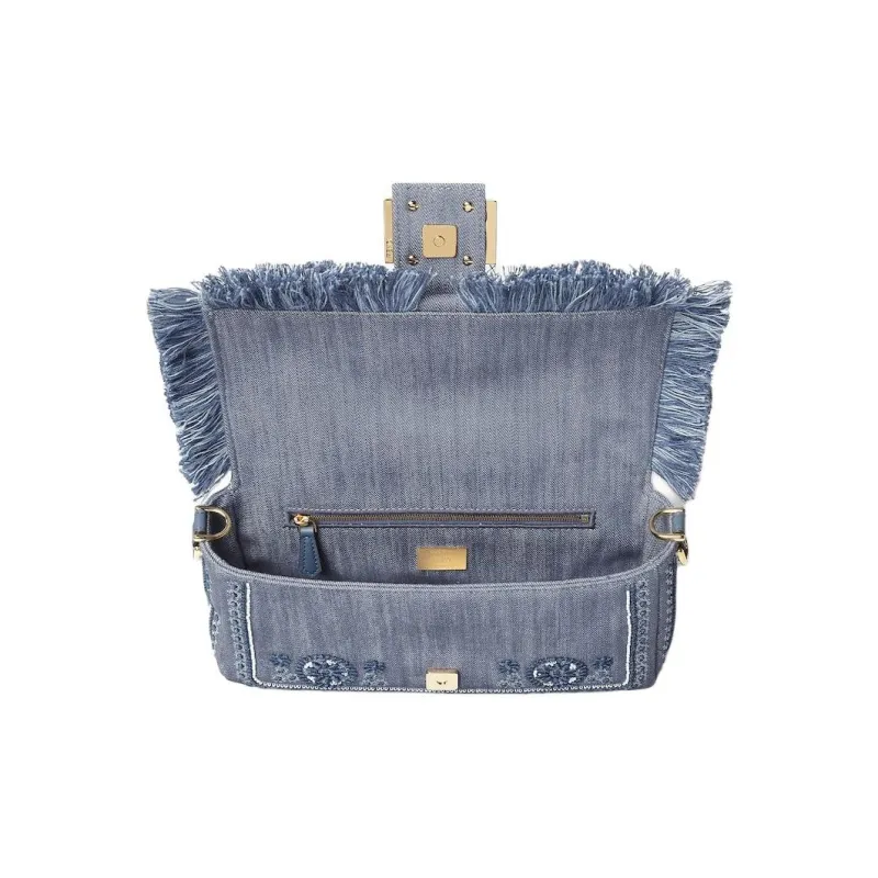 FENDI Baguette Denim Shoulder Bag, Crossbody Bag, Handbag Medium Size Women's Blue-4