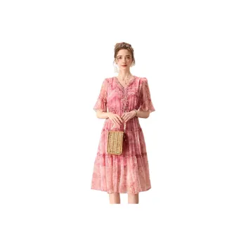 FENHONGMALI Short Sleeved Dress Women's Pink Floral