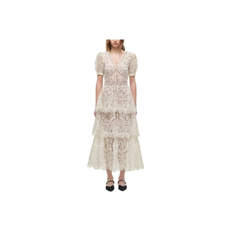Self portrait Short Sleeved Dress Women's Ivory White-0