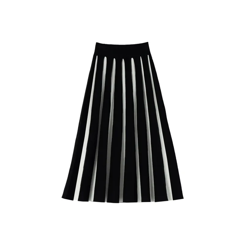 SOON FLOWER Knit Long Skirts Women's Black White-0