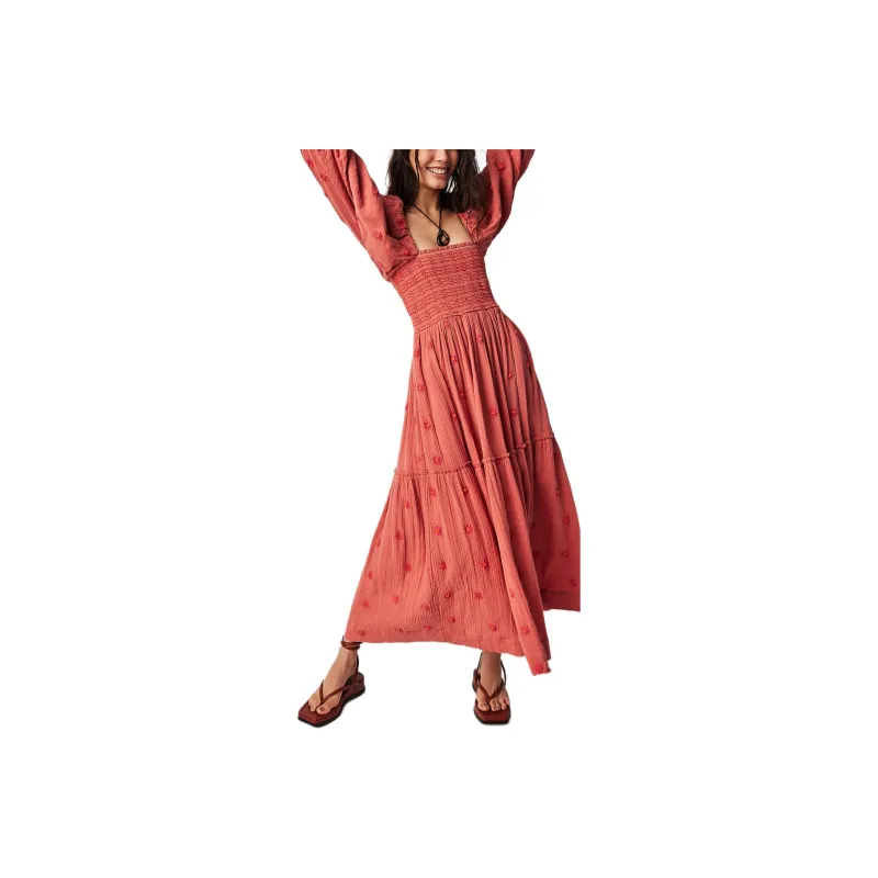 FREE PEOPLE FREE PEOPLE Dahlia Embroidered Maxi Dress Long-Sleeved Dresses Women's Melon Combo/Cantaloupe Color Combo-0