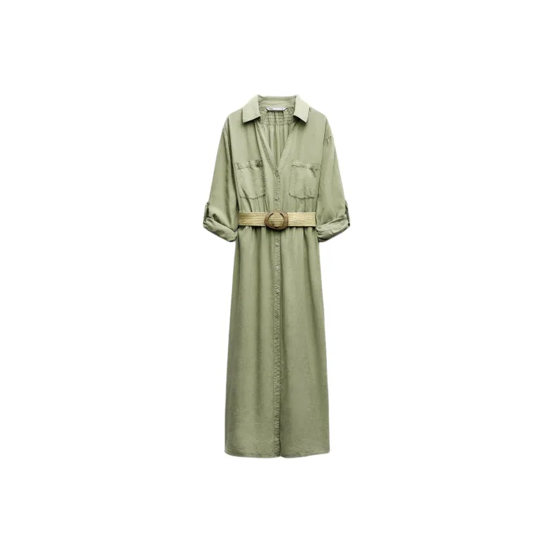 ZARA Long Sleeved Dress Women's Khaki-0