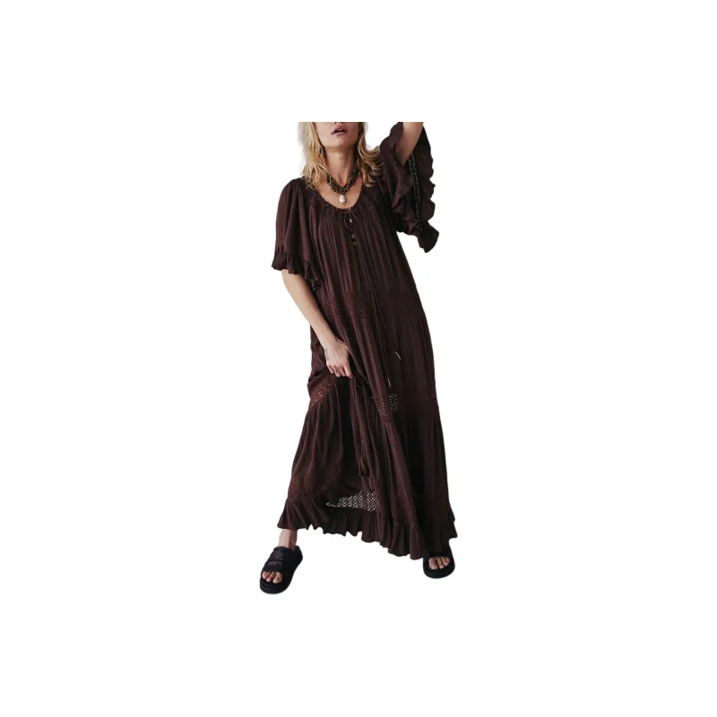FREE PEOPLE Dream On Maxi Short-Sleeved Dresses Women's Shopping Bag/Brown-0