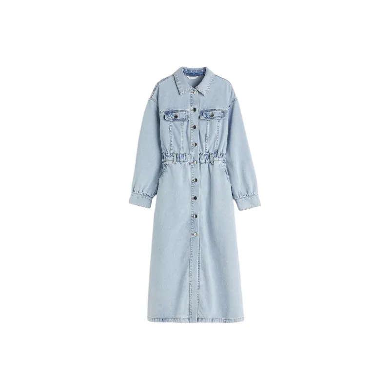 H&M Long-Sleeved Dresses Women's Light Denim Blue-0