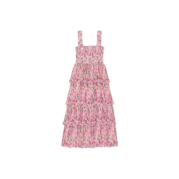 GANNI Pleated Georgette Smock Midi Dress Women's Sweet Plum Pink