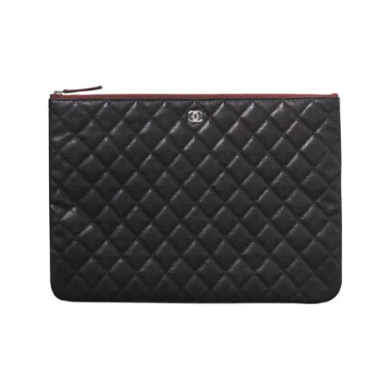 CHANEL Leather Clutch Large Size Women's Black-0