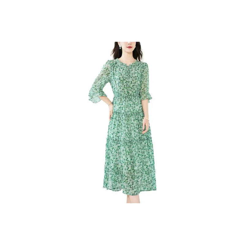Yi Mengyuan Silk Long Sleeved Dress Women's Green-0