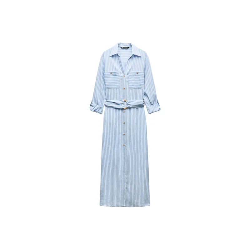 ZARA Long-Sleeved Dresses Women's Blue White-0