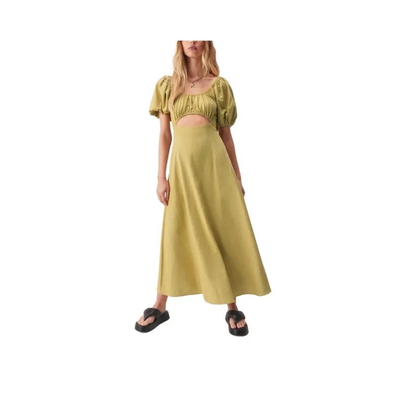 NASTY GAL Linen Mix Puff Sleeve A Line Maxi Dress Short-Sleeved Dresses Women's Sage Green-0