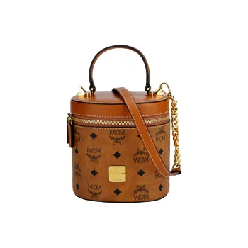 MCM Visetos Leather Cylinder Bag, One Shoulder Crossbody Bag, Shoulder Bag Small Size Women's Brown Cognac