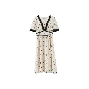 YUMOMO STAR Short Sleeved Dresses Women's Beige With Black Floral