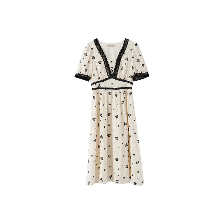 YUMOMO STAR Short Sleeved Dresses Women's Beige With Black Floral-0
