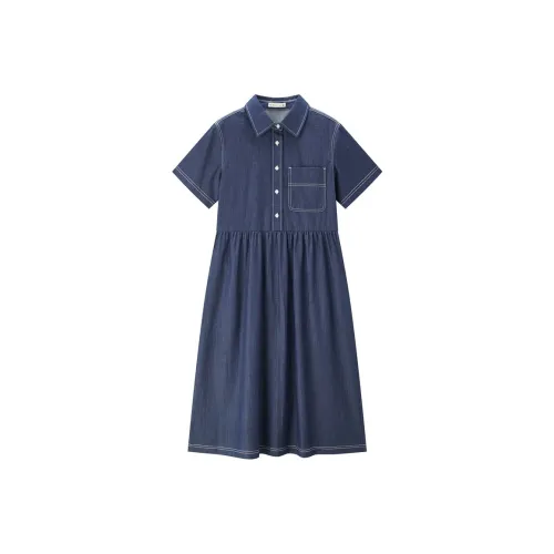 UNIQLO Short Sleeved Dress Women's Dark Blue Denim