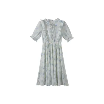 MRR&CO. Short Sleeved Dress Women's Beige Blue