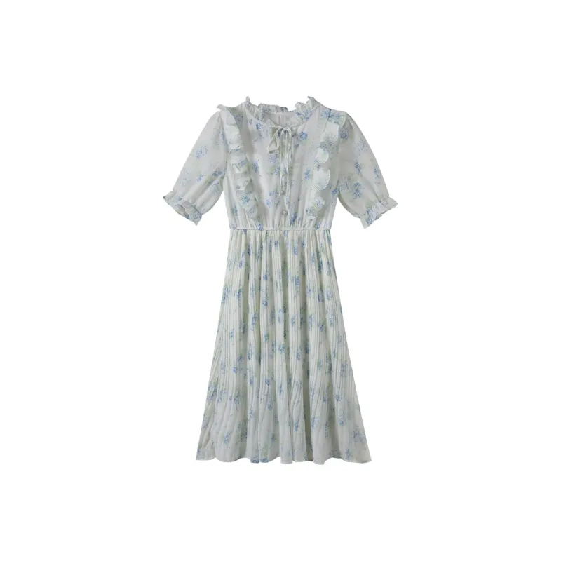 MRR&CO. Short Sleeved Dress Women's Beige Blue-0