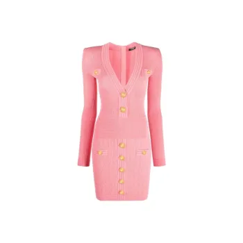 BALMAIN V neck Buttoned Minidress