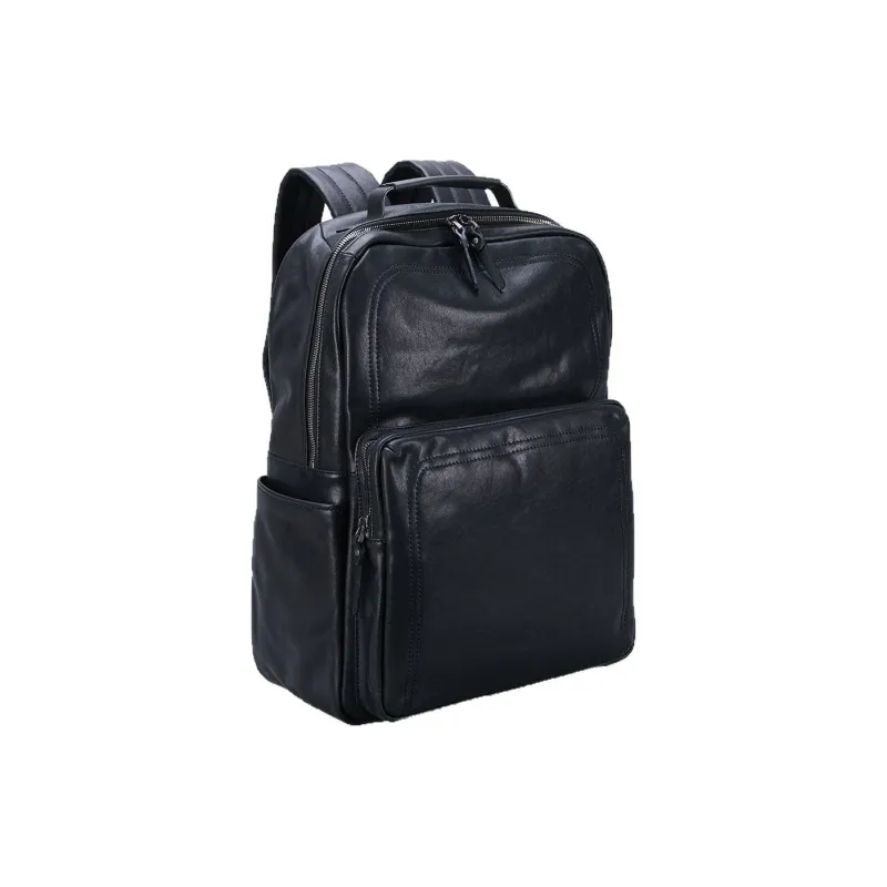 DOSRFINI Top Grain Flock Cow Leather Backpack Unisex Black-4