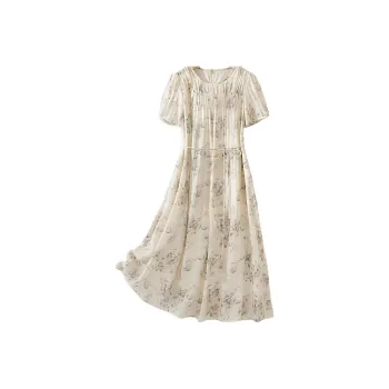 IHIMI SS24 Short Sleeved Dress Women's Beige With Ink Print