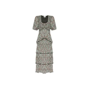 GANNI Printed Square Neck Ruffled Midi Dress