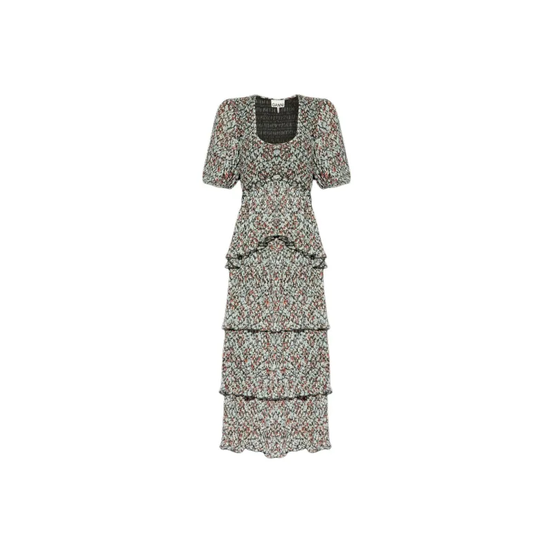 GANNI Printed Square Neck Ruffled Midi Dress-0