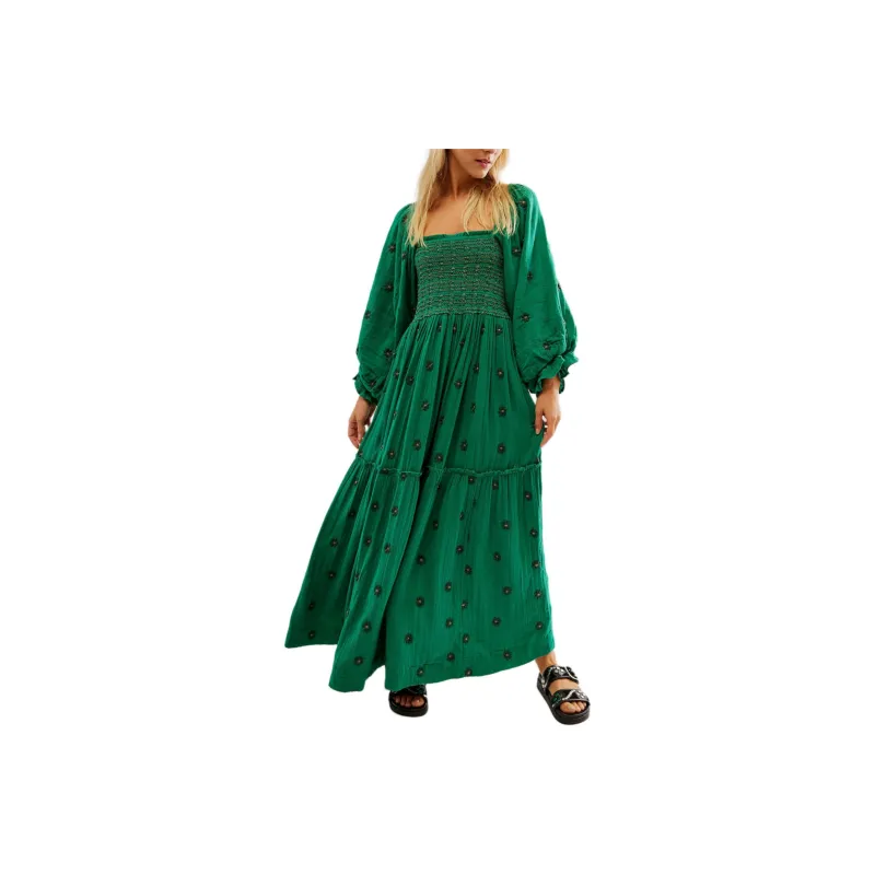 FREE PEOPLE Dahlia Embroidered Maxi Dress Long-Sleeved Dresses Women's Green/Green-0