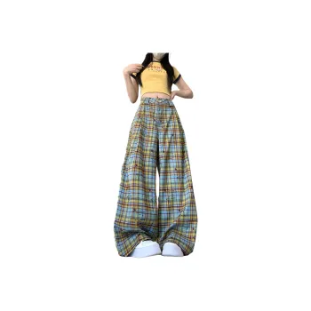 Mu Xiao Xin Casual Pants Women's Yellow Blue Plaid