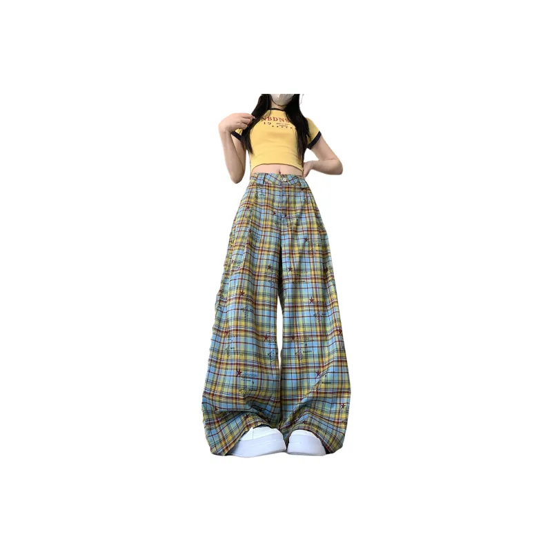 Mu Xiao Xin Casual Pants Women's Yellow Blue Plaid-0