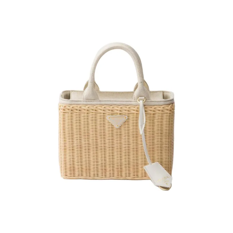 PRADA Wicker Handbag Medium Size Women's Tan & White-0