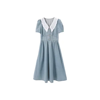 XIANGYING Short Sleeved Dress Women's Denim Blue