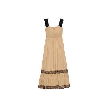 GUCCI Sleeveless Lace Trimmed Maxi Dress Beige Black