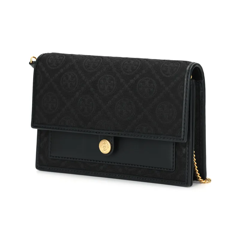 TORY BURCH T Monogram Leather Chain Wallet Black-1