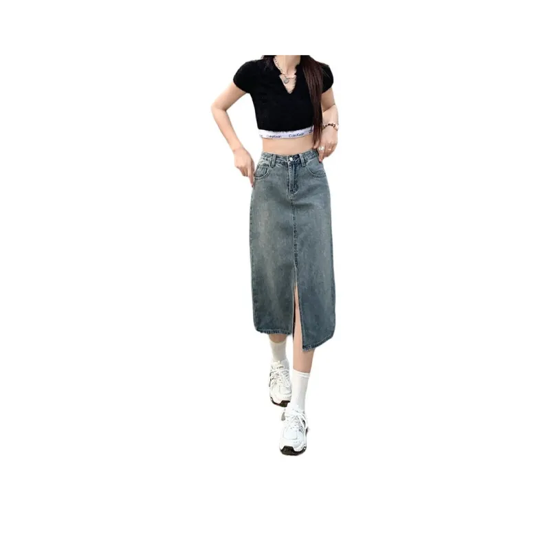 Wen Shan Denim Long Skirt Women's Vintage Blue-0